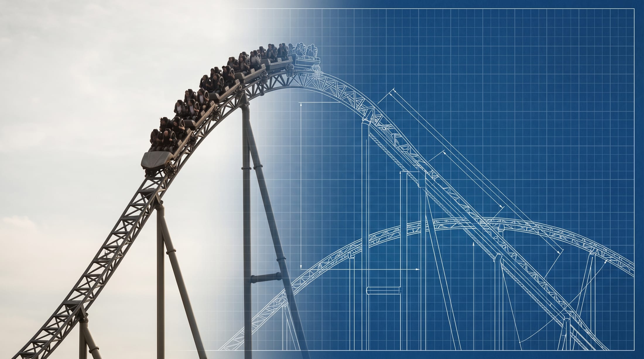A roller coaster photograph dissolving into its own engineering blueprint