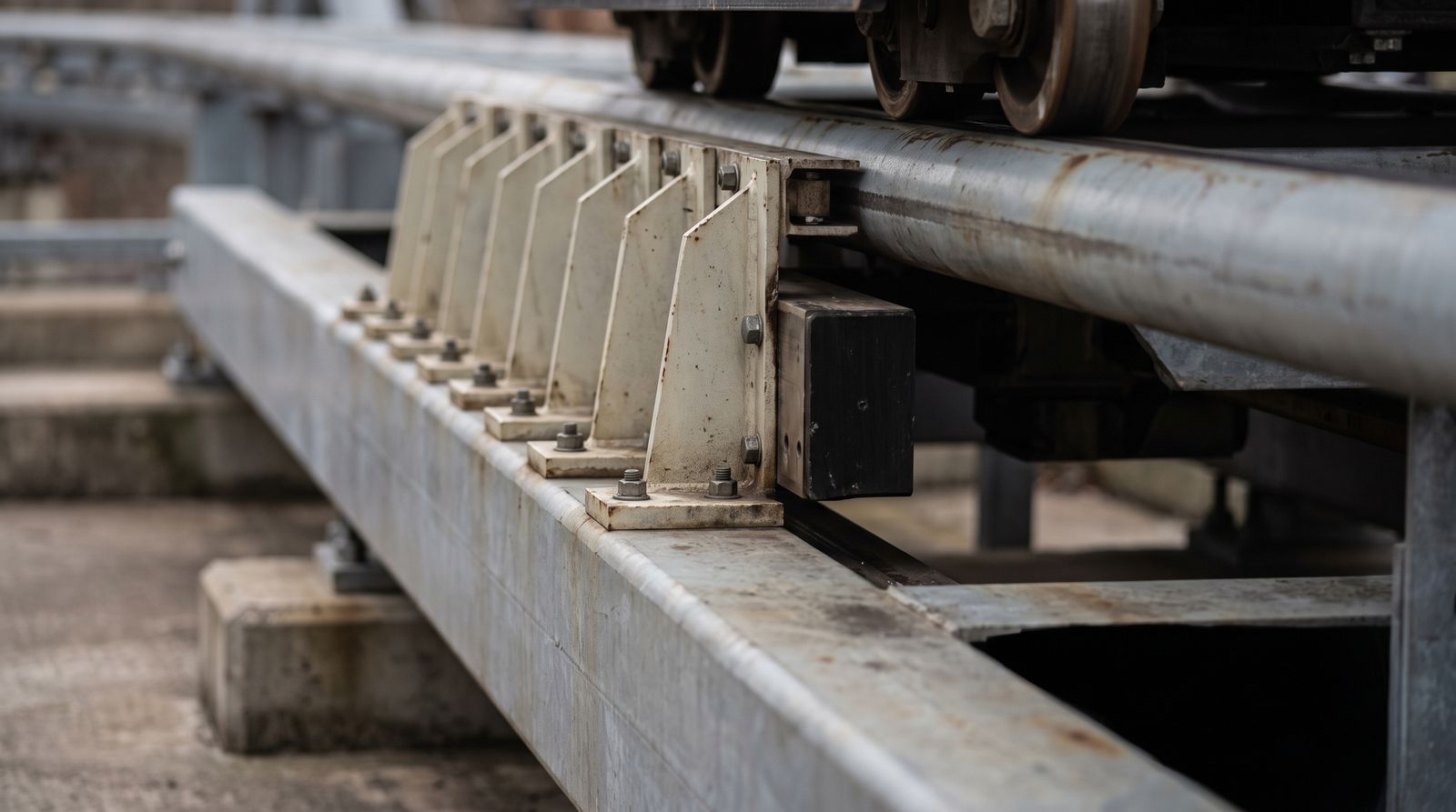 Close-up of a linear synchronous motor coaster launch section, pale steel stator fins along a box-section rail with a car's launch fin passing between them